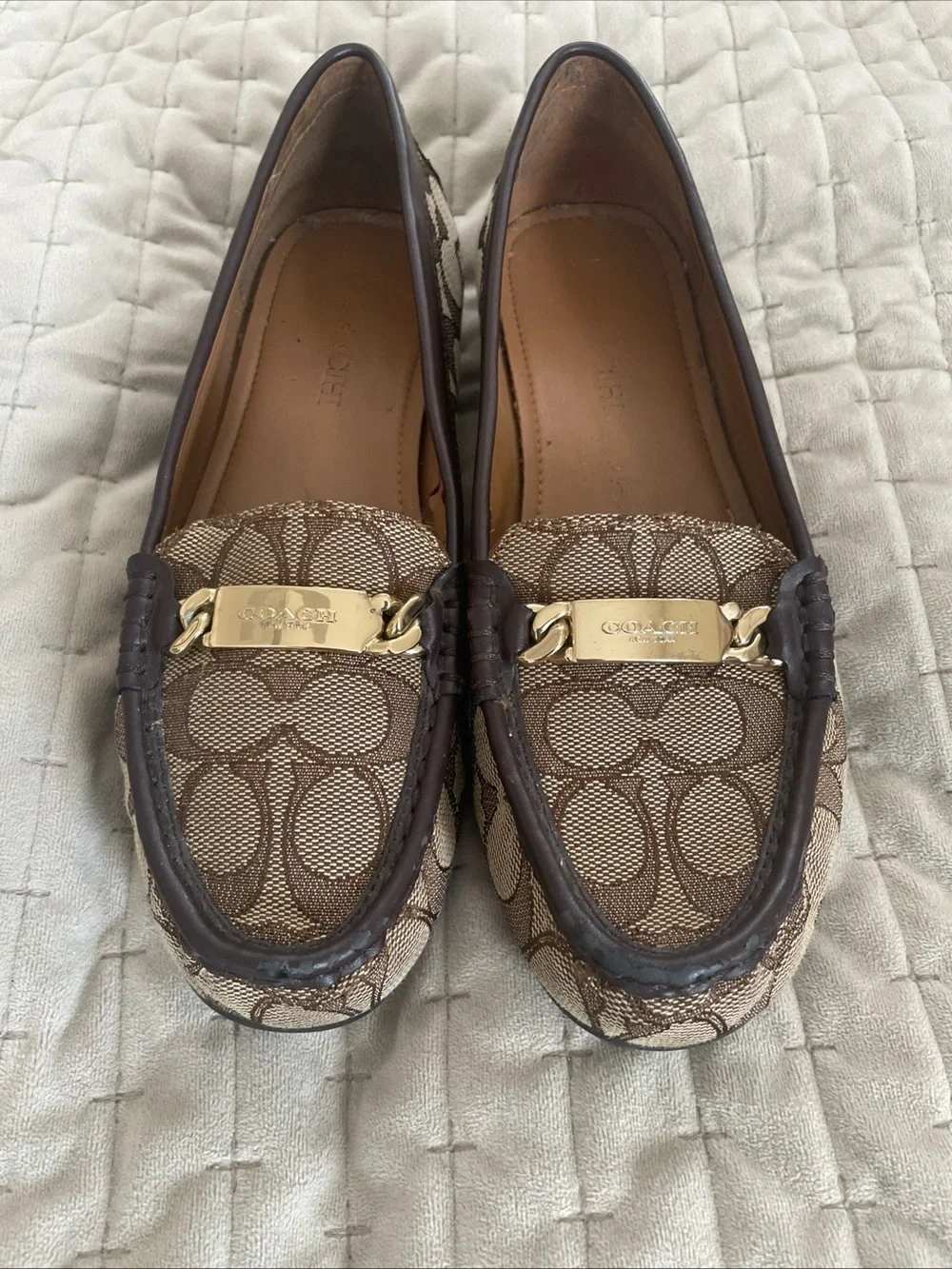 Coach Brown Signature Canvas Moccasins with Gold Plaque